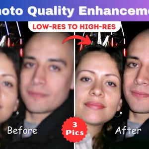 Puede incluir: Imagen que compara una foto de baja resolución con una versión de alta resolución. El texto dice "Photo Quality Enhancement" y "Low-Res to High-Res". La imagen del antes es borrosa, mientras que la imagen del después es clara. Se muestran dos personas.