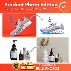 May include: Image advertising product photo editing services. The top half shows a grey and blue trainer against red and white backgrounds. The bottom half displays beauty products, including a lotion bottle and perfume bottles, before and after background removal.