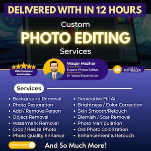 Puede incluir: Gráfico promocional de servicios de edición de fotos. El texto dice "Entregado en 12 horas" y "Servicios de edición de fotos personalizados". Presenta un retrato del editor de fotos, listas de servicios y calificaciones de satisfacción del cliente.