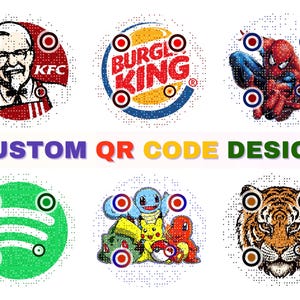 Op de afbeelding: Zes verschillende aangepaste QR-codeontwerpen met verschillende logo's en afbeeldingen. De logo's omvatten KFC, Burger King, Spiderman, Spotify, Pokemon en een tijger. Elk ontwerp heeft een rode, groene, blauwe of oranje cirkel rond het logo.