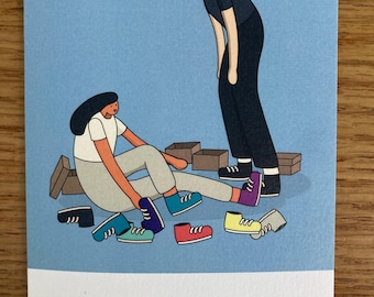 Funny Runner Greetings Card, Shoe Shopping Art