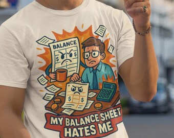 May include: Off-white t-shirt with a colorful graphic featuring a stressed accountant surrounded by paperwork and the text "MY BALANCE SHEET HATES ME". The design includes a calculator, coffee cup, and the word "BALANCE".