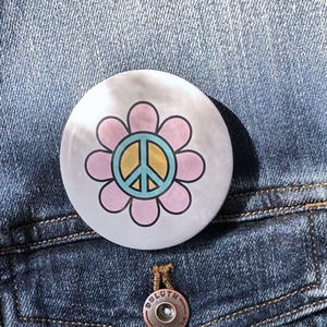 Pink Daisy with Peace Sign 2.25&quot; Button - Retro Hippie Flower Pin