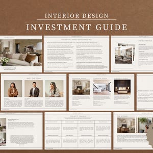 May include: A guide to interior design investment, featuring images of rooms, a team of designers, and a project planning chart. The guide includes information on frequently asked questions, fees, and the design process. The text "Designed by Real Interior Designer" is in a circle at the bottom right corner.