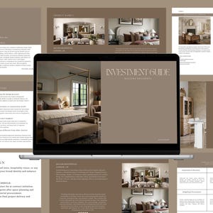 May include: A laptop displaying an "INVESTMENT GUIDE" with the text "MILLERS RESIDENTS" in a modern serif font. The screen shows a bedroom interior design. Surrounding the laptop are pages with interior design images and text.
