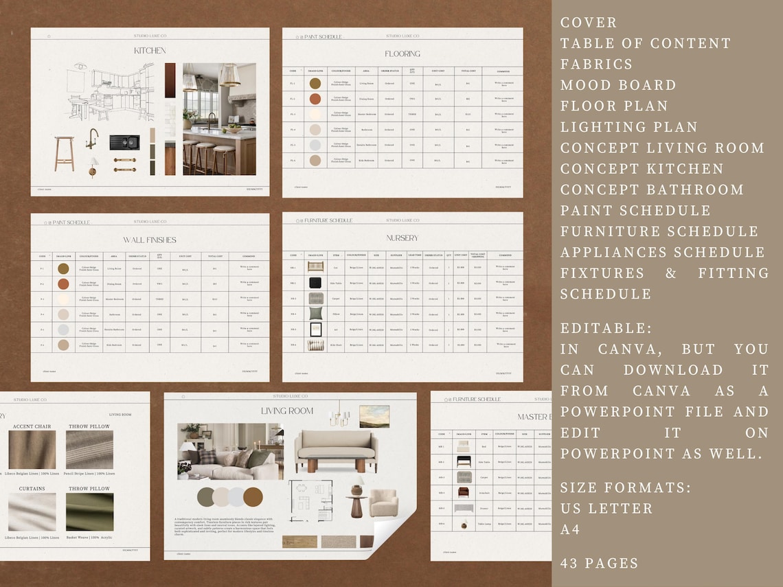 Interior Design FF&E Schedule Template, Canva Editable (US Letter, A4 ...