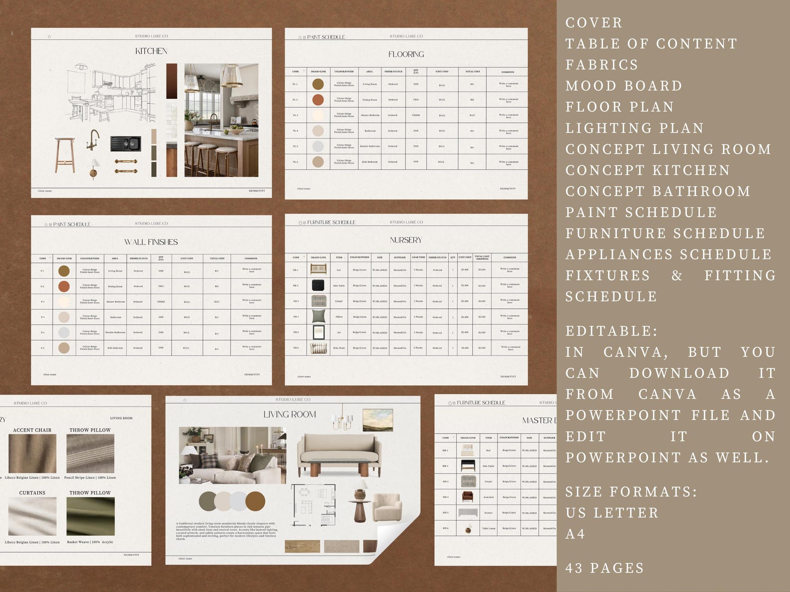 Interior Design FF&E Schedule Template, Canva Editable (US Letter, A4 ...