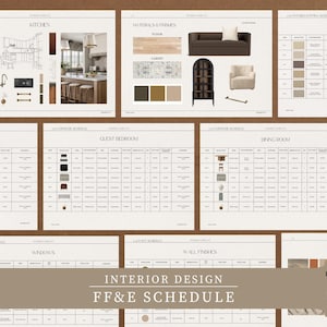 Plantilla de cronograma de acabados y accesorios de diseño de interiores, plantilla de Canva, FF&E, muebles de diseño de interiores, gestión de proyectos