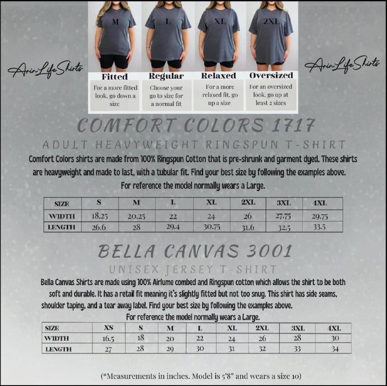 The image is a collage of four images showing different sizes of adult heavyweight ringspun t-shirts. The images display the t-shirts in various sizes, including regular, relaxed, oversized, and oversized. The t-shirts are made of 100% ringspun cotton, and the image provides size and width information for each t-shirt.