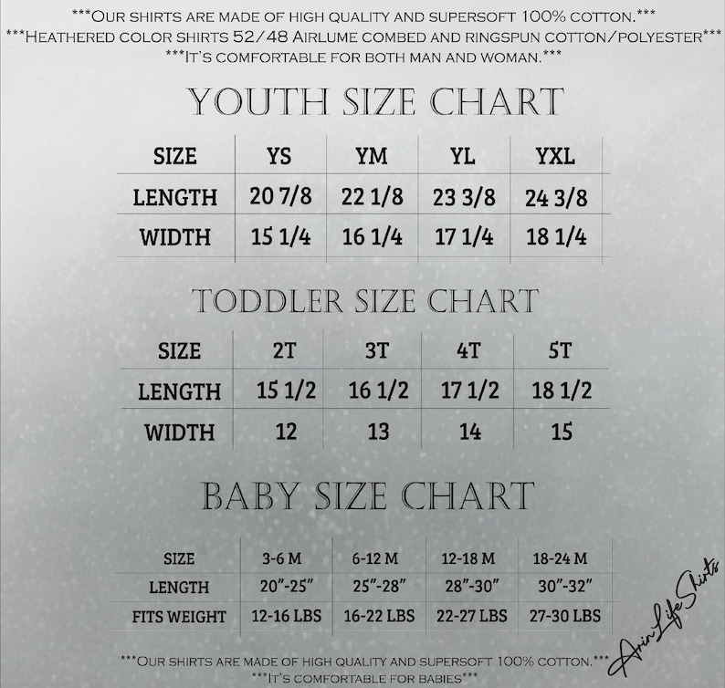 The image is a size chart for shirts, including a chart for both men and women, and a chart for toddlers and babies.