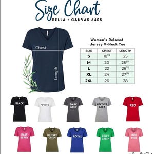 The image is a size chart for a women's relaxed jersey v-neck t-shirt, featuring various color options and corresponding measurements.