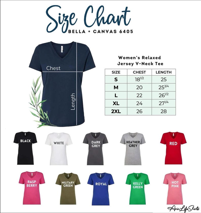 The image is a size chart for a women's relaxed jersey v-neck t-shirt, featuring various color options and corresponding measurements.