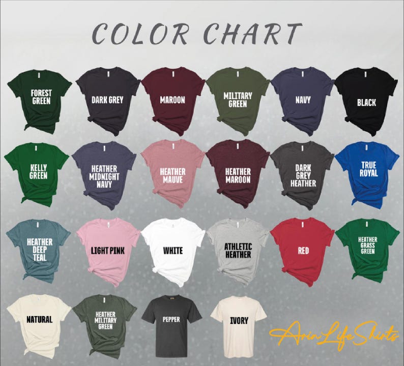 a collection of t-shirts in various colors and styles, arranged in a grid format.
