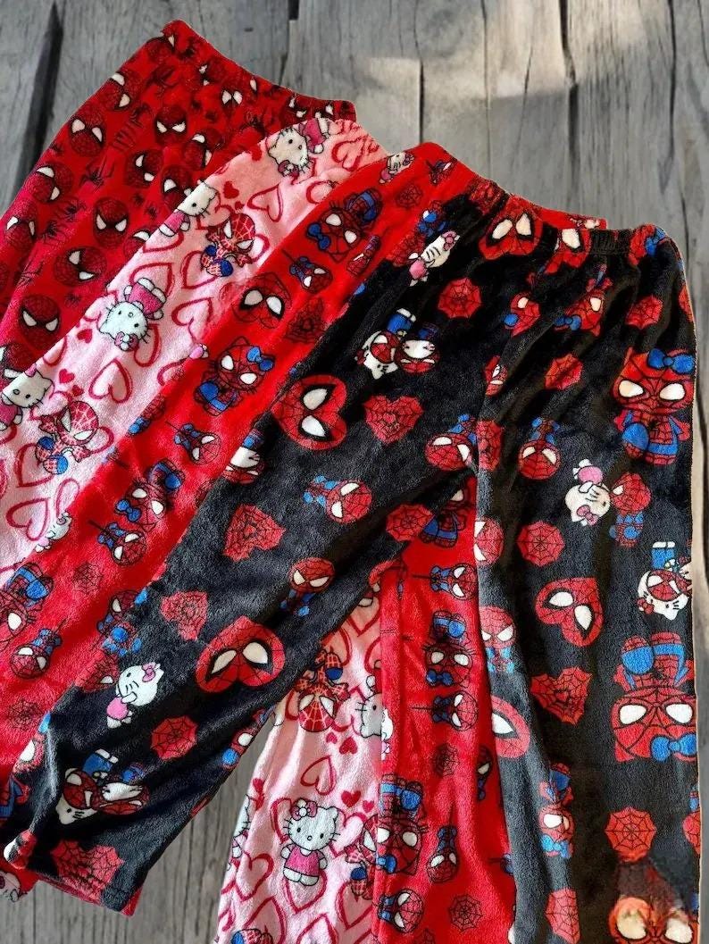 Hello Kitty X Spiderman Pajamas Flannel Fashion Trousers Women Kawaii ...