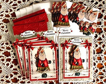 DIY Handmade Primitive Santa 4 Card Kit, Christmas Santa Card Kit, Father Christmas Card Kit, Make you own Cards, Vintage Christmas Card Kit