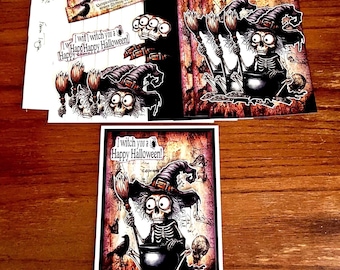 DIY Handmade 3D Halloween Skeleton Witch with Cauldron 4 Card kit, Handmade, Happy Halloween, Cute Halloween Cards, spooky,