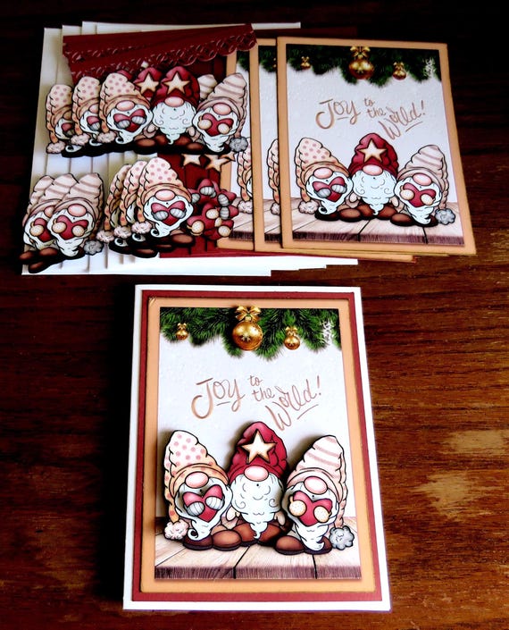 DIY 3D Christmas Caroling Gnomes Card Kit, 4 Handmade Cards, Three Gnomes, Holiday Greetings, Christmas Greetings, Winter Greetings