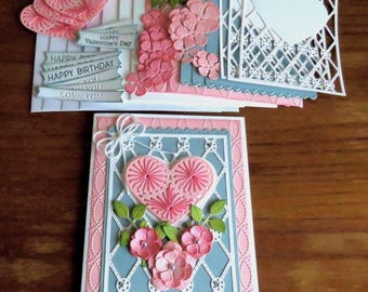 DIY Hand Stitched Heart 4 Card Kit, Hand Stamped, Hand made Die Cut Card, Valentine Card, Love Card, Birthday Card, Any Occasion Card