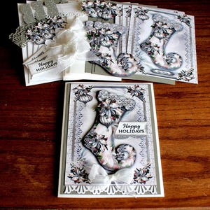 DIY 3D Victorian White Christmas Stocking 4 Card Kit with White Poinsettias and Ornaments. Great Gift for Crafters. Happy Holidays