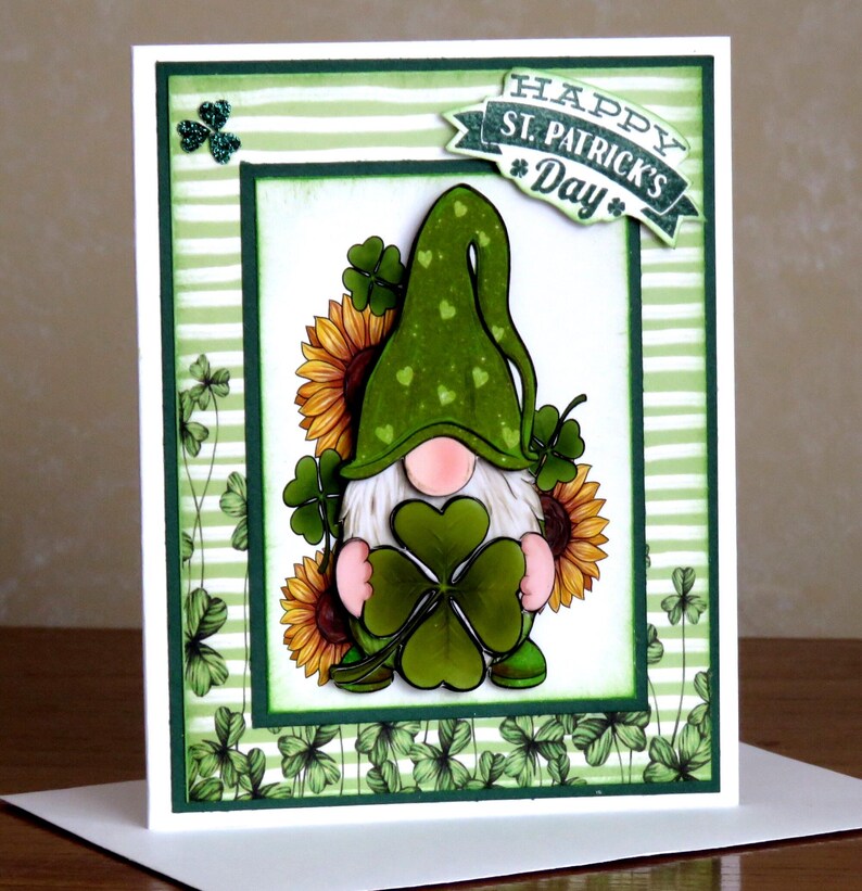 DIY St. Patrick's Day Gnome 4 Card Kit, 3D Cards, Shamrocks and Sunflowers, Happy St. Patrick's Day, Shamrock Gnome, St. Patrick's Day Gnome image 5