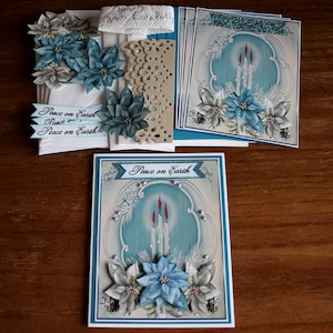 Kit de cartes à faire soi-même, bougies 3D et poinsettias bleus pour les fêtes, cartes de Noël, cartes de Hanoucca, paix sur la terre, poinsettias pour Noël
