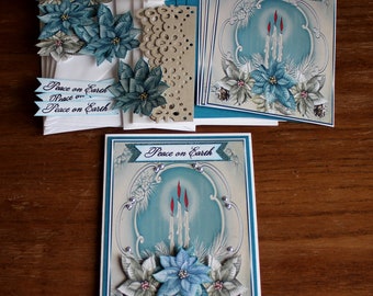 DIY Card Kit, 3D Candles and Blue Poinsettias Holiday Cards, Christmas Cards, Hanukkah cards,  Peace on Earth, Poinsettias for Christmas
