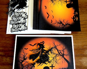 DIY Halloween 4 Card Kit, Spooky Card, Handmade Cards,  Spooky Halloween Cards, Happy Halloween Cards, Flying Witch, Cute Halloween Cards