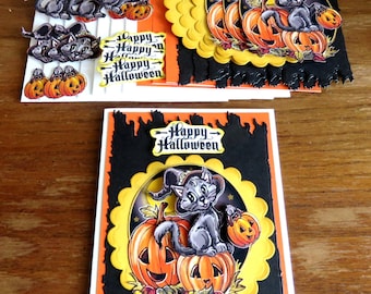 DIY 3D Halloween 4 Card Kit, Halloween Cards, Black Cat Cards, Trick or Treat Cards, Black Cat and Pumpkins, Cute Halloween Cards,
