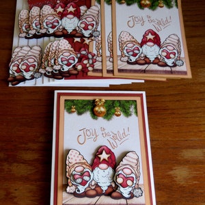 Kit de cartes bricolage 3D chants de Noël gnomes, 4 cartes faites main, trois gnomes, voeux de Noël, voeux de Noël, salutations d'hiver
