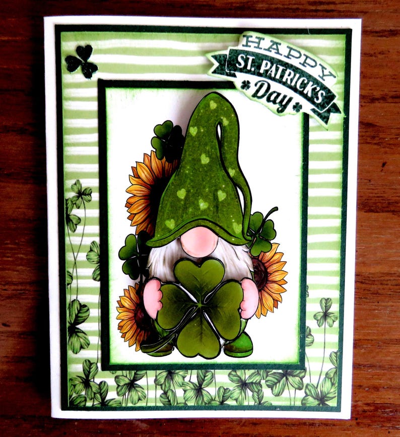 DIY St. Patrick's Day Gnome 4 Card Kit, 3D Cards, Shamrocks and Sunflowers, Happy St. Patrick's Day, Shamrock Gnome, St. Patrick's Day Gnome image 3