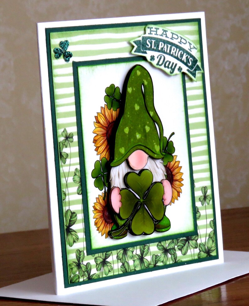 DIY St. Patrick's Day Gnome 4 Card Kit, 3D Cards, Shamrocks and Sunflowers, Happy St. Patrick's Day, Shamrock Gnome, St. Patrick's Day Gnome image 6