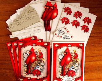 DIY 3D Cardinal & Poinsettia 4 Card Kit, easy to assemble, Make your own cards, Christmas Greeting Card Kit, Xmas Cards, Christmas Cards