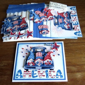 Kit bricolage 3D de gnomes du 4 juillet, cartes de gnomes faites main, carte du jour de l'indépendance, carte rouge, blanc et bleu, 4 juillet, cartes pour toutes les occasions