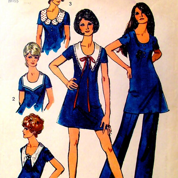 1970s Mod Dress Tunic Pants Pattern Simplicity 8746 Multiple Collars Size 14, Bust 36