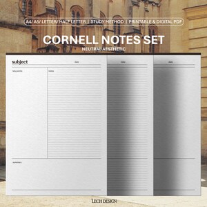 Cornell Notes Neutral Aesthetic Printable & Digital | 3 wzory w 4 rozmiarach | Efektywna metoda nauki PDF | A4, A5, Letter, Half Letter