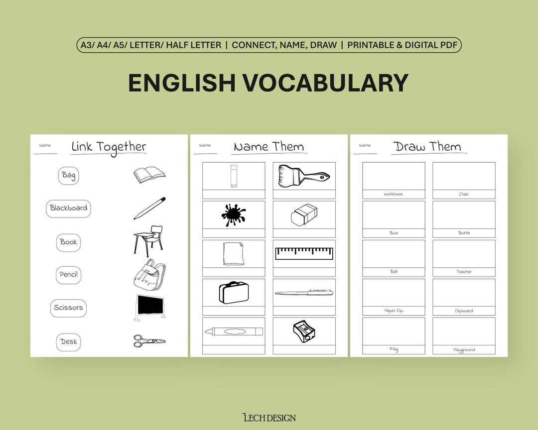 English Vocabulary [school] Printable Exercises | 3 Tasks in 5 Sizes ...
