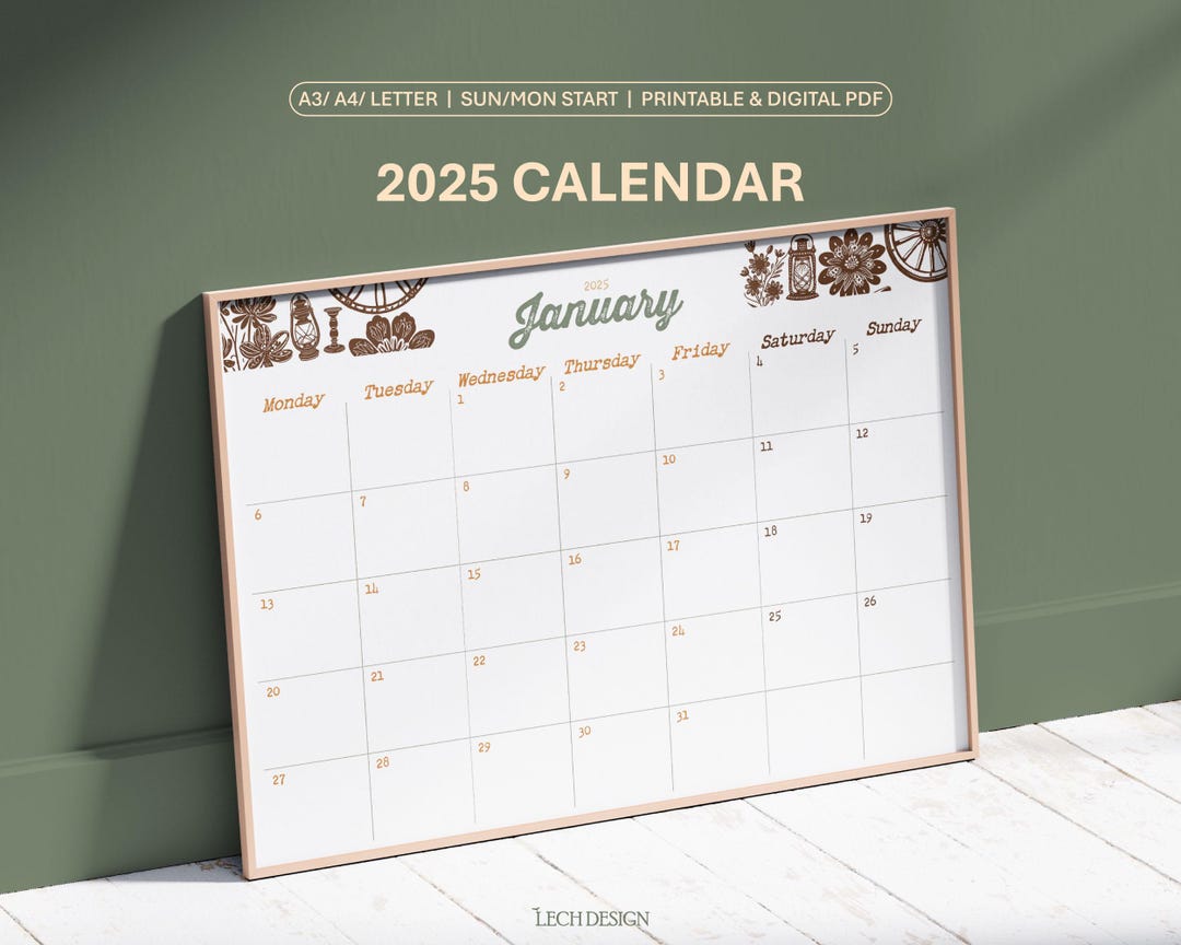 Calendario rústico vintage 2025 para imprimir y digitalizar, 1 diseño ...