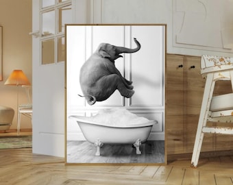 Elephant in Bathtub Print, Black and White Animal Art (Digital Download)