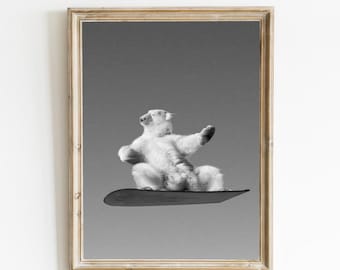 Vintage Skiing Polar Bear Print, Black and White Poster (Digital Download)