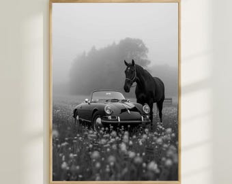 Horse and Car Black & White Art Print (Digital Download)