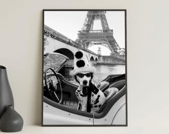 Dalmatian in Paris Print, Eiffel Tower, Black and White (Digital Download)