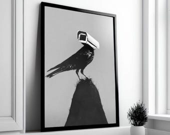 Vintage Camera-Headed Bird Art Print, Black and White Poster (Digital Download)