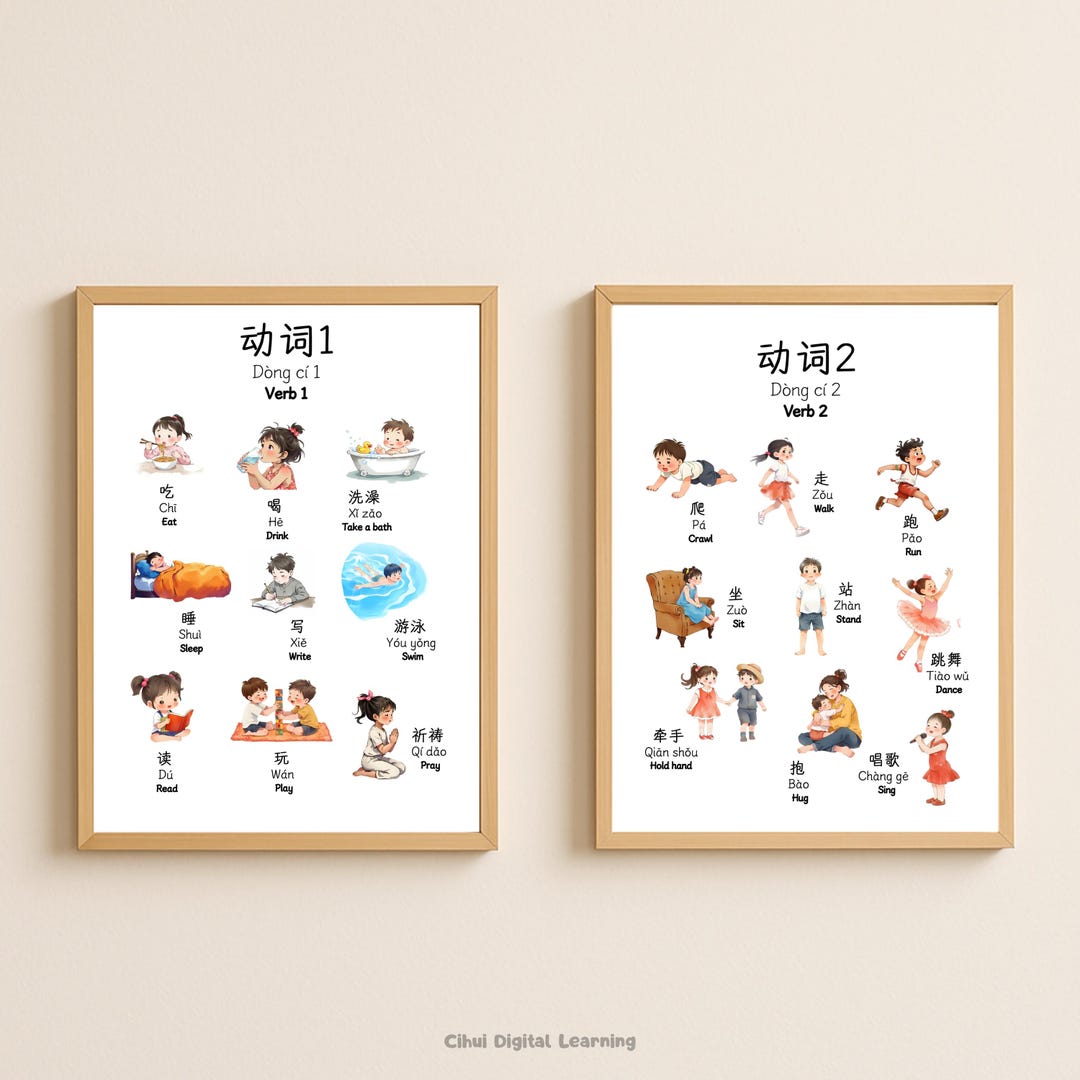Bilingual Verbs Poster Set, Simplified Chinese & English, Mandarin ...