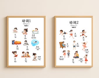 Póster de verbos bilingües: chino simplificado e inglés, aprendizaje del mandarín (impresión digital + MP4)