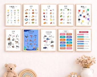 Megapaquete de 10 pósteres educativos bilingües: vocabulario chino-inglés simplificado, arte mural para niños (imprimible + audio MP4)