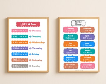 Póster bilingüe de meses y días en chino, pronunciación en mandarín (descarga digital)