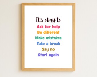 Está bien: decoración del hogar y póster de la habitación, arte de pared de afirmación positiva para niños (imprimible)