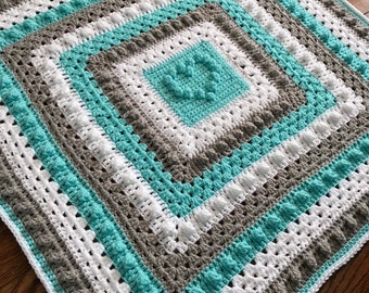 Hugs n Kisses Heart - Aqua Grey White unisex Baby Bobble Blanket - ready to ship