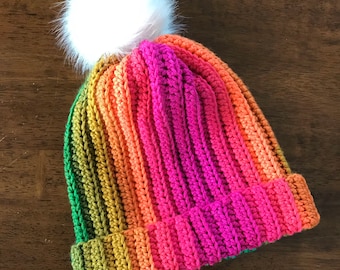 Rainbow Ribbed Beanie- choice of Pom Pom - Made to Order