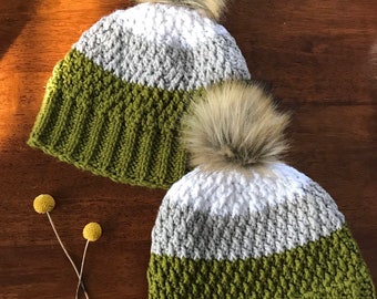 Green grey white Alpine hats! Your choice of Pom Pom color- ready to ship